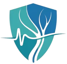 Logo of Varicose & Pain Clinic showing a medical shield with vein illustration and ECG line, representing safe and effective pain and varicose vein treatment.