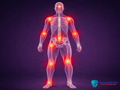 Full body medical illustration showing multiple pain points treated at Varicose and Pain Clinic Jaipur