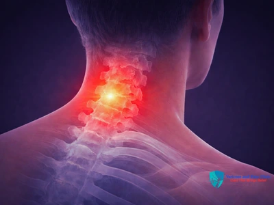 Illustration showing cervical spine neck pain highlighted in red treated at Varicose & Pain Clinic Jaipur