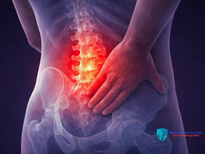 Lower back pain highlighted in spine showing chronic pain condition treated at pain clinic