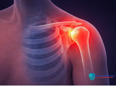 Shoulder joint pain highlighted showing inflammation and restricted movement