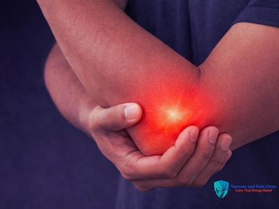 Elbow pain area highlighted showing joint inflammation and tenderness