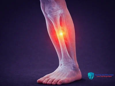 Medical illustration of lower leg pain with highlighted area showing pain management and varicose vein care in Jaipur